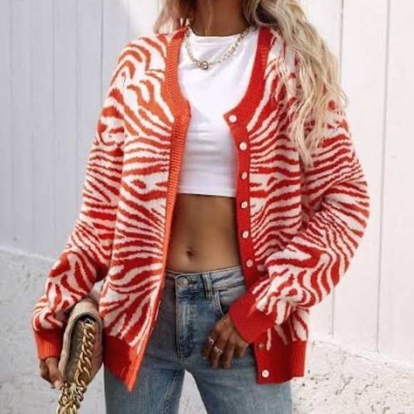 redberry Sweaters - Orange Cream Zebra Animal Print Cardigan Small